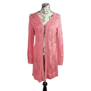 Soft Surroundings Size XS Coral Crochet Long Open Cardigan Duster Side Slits